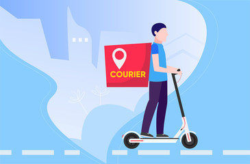 Product subscribe ordering and delivery by male on electric kick scooter service concept. Fridge with subscription online shopping goods app in supermarket