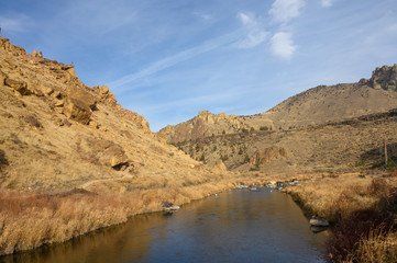 Rocks in a beautifully large canyon, desert with river. Smith Rock State Park National Park. Oregon State