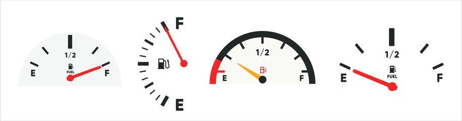 Set of Fuel gauge scales. Fuel meter. Fuel indicator. Gas tank gauge. Oil level tank bar meter. Collection Fuel gauge speedometer isolated on a white background