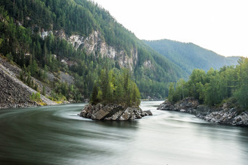 Rocky island covered by spurce trees in summer early morning. Confluence of the mountain rivers...