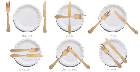 Table etiquette. Position of fork and knife on plate. Signal for waiter. Rules of conduct at table. Eco tableware.