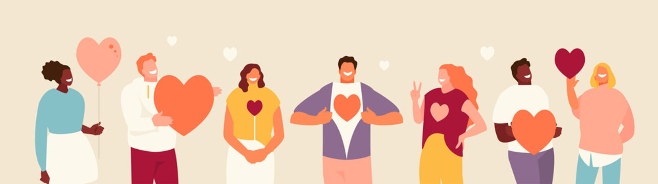 Smiling people group holding hearts. Valentine s Day. Love and volunteering vector illustration