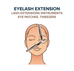 Obraz premium Eyelash extension process illustration. Tweezers. Eye patches, other instruments