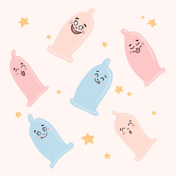 Cute condoms with funny faces in kawaii style and little stars , drawn in Scandinavian style. Vector illustration .