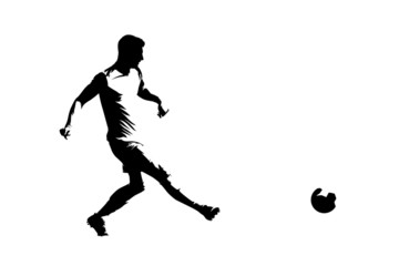 Soccer player passing ball, isolated vector silhouette, ink drawing, side view