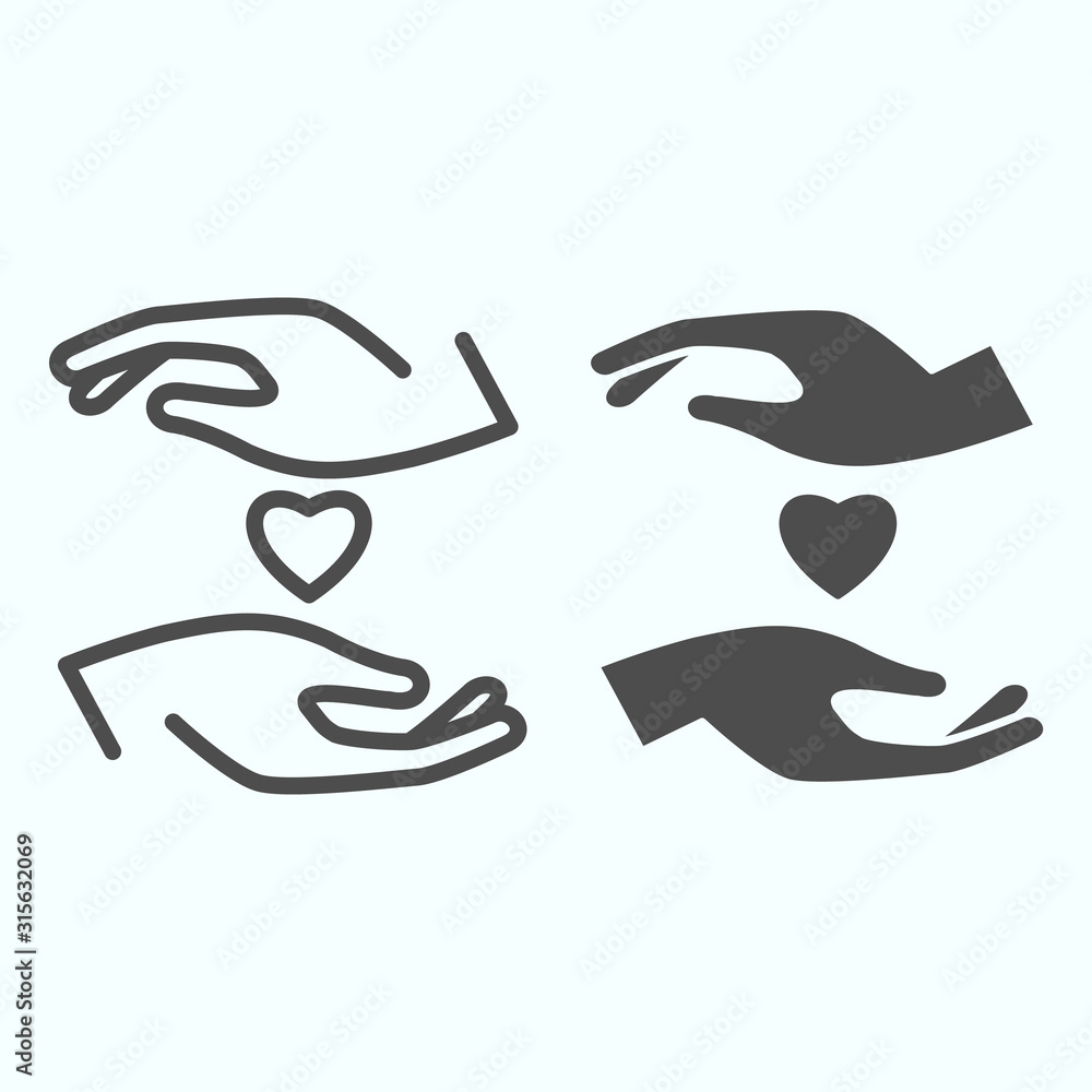 Poster heart line and solid icon. heart in hands vector illustration isolated on white. two hands holding h