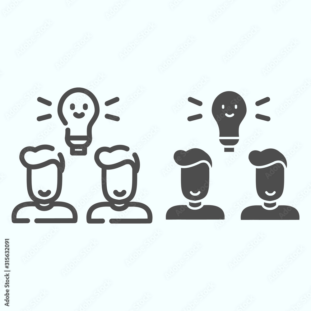Poster idea lamp line and solid icon. the light bulb and two persons vector illustration isolated on white.