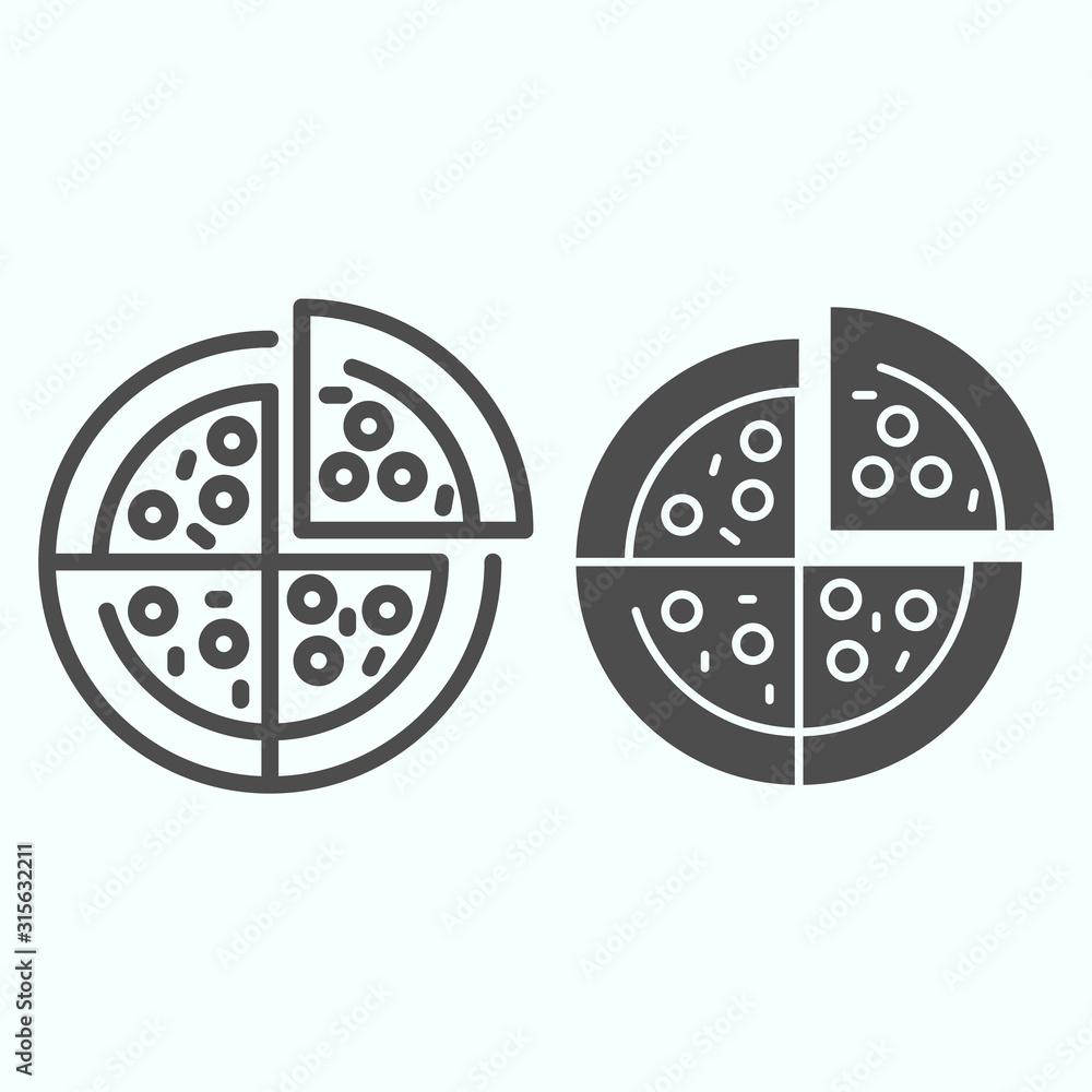Poster pizza line and solid icon. pizza is cut into four slices vector illustration isolated on white. fast