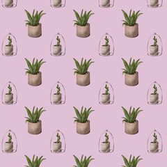 Digital illustration seamless pattern of cute textural gardening tools, watering can, potted home flowers. Print for cards, stickers, stickers, covers, packaging, fabric.