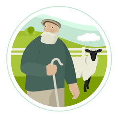 Farming today Elderly shepherd grazes a flock of sheep in a green meadow Organic farm Cartoon Flat Vector Illustration Banner