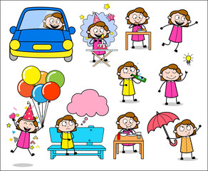 Retro Office Girl - Set of Various Concepts Vector illustrations