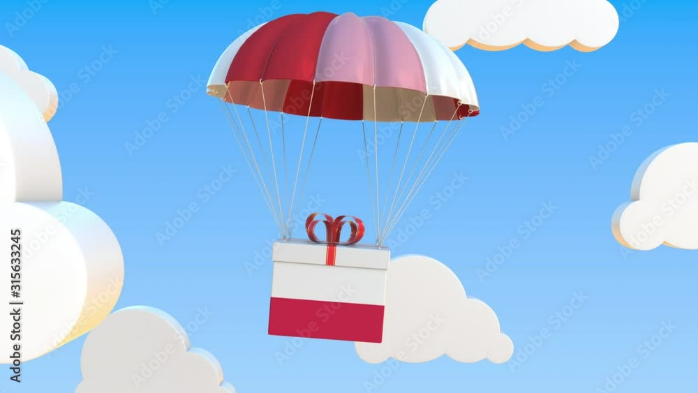 Poster box with national flag of poland falls with a parachute. loopable conceptual 3d animation