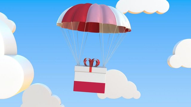 Box with national flag of Poland falls with a parachute. Loopable conceptual 3D animation