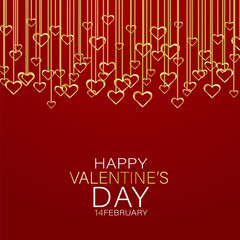 Valentines Day banner background with hanging golden 3d hearts. Love design concept. Romantic invitation or sale offer promo. Vector illustration.