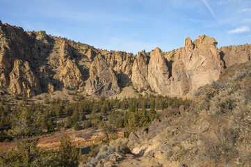 Rocks in a beautifully large canyon, desert with river. Smith Rock State Park National Park. Oregon State