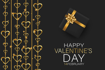 Valentines Day banner background with golden 3d hearts garland and black gift boxes with ribbon and bow. Love design concept. Romantic invitation or sale offer promo. Vector illustration.