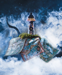Marine still Life with the silhouette of a lighthouse at full moon in the fog, with the tentacles of a Kraken and old sea maps. Night ocean scene with smoke on the water . Photo based on Lovecraft