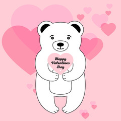Greeting card for the holiday Valentine's Day, a cute white bear hugs a heart.