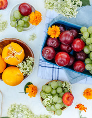 Still life of many fruits-grapes, plums, tangerines. Light background, lots of colors and a kitchen towel.