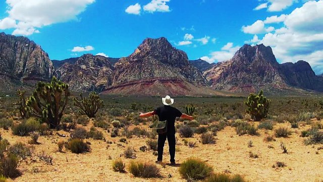 Man Walks In Desert Lifts Hands Skyward In Moment Of Awe
