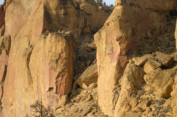 Rock climbers climb a large rock, filmed from the back.