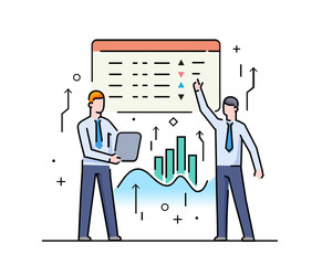 Businessmans controls the interface of monitors. Workflow, growth, graphics. Business development, milestones, start-up. linear illustration Icons infographics. Landing page site print poster. Line