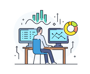 Businessman at workplace interface of monitor. Workflow, growth, graphics. Business development, milestones, start-up. linear illustration Icons infographics. Landing page site print poster. Line