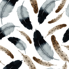 Vintage seamless pattern with feathers, watercolor.