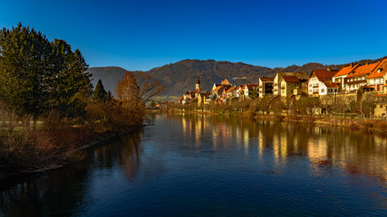 Fototapeta na wymiar Frohnleiten panorama small town above Mur river in Styria,Austria. Famous travel destination.