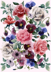 Greeting card with roses and  pansy, watercolor, can be used as invitation card for wedding, birthday and other holiday and  summer background - 315636267