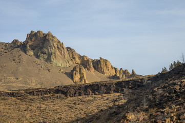 Rocks in a beautifully large canyon, desert with river. Smith Rock State Park National Park. Oregon State