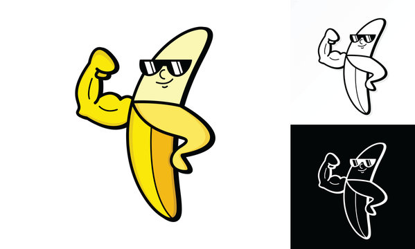 Illustration vector graphic of muscle banana showing his bicep. Perfect for nutrition product, etc.
