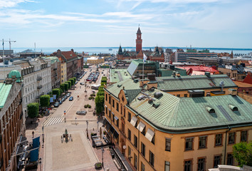 Panoramic cityscape view with the tower of City Hall and roofs of Helsingborg town, Sweden.