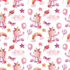 Cute watercolor seamless pattern with unicorns. Farytail style. Can be used for nursery, baby room wallpaper, textile, print for princess