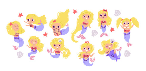 collection of cute little mermaids, seashells