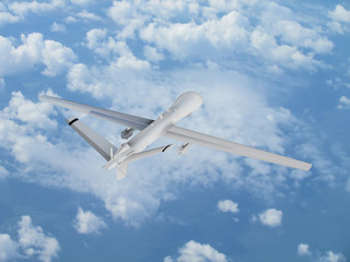 military UAV airplane drone flies against backdrop of beautiful clouds on blue sky background