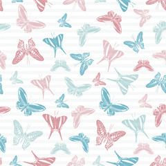 Flying butterfly silhouettes over striped background vector seamless pattern.