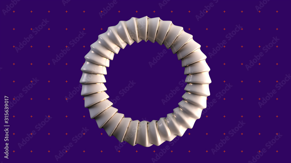 Poster abstract 3d render torus with distort edges on color background. gold edges.