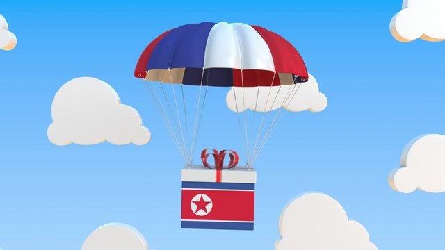 Carton with flag of North Korea falls with a parachute. Loopable conceptual 3D animation