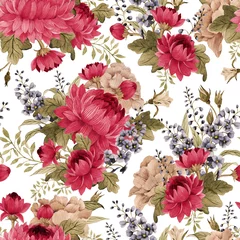 Fototapeten Seamless floral pattern roses with chrysanthemum and delphinium , watercolor © ola-la