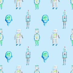 Watercolor hand drawn cute robots seamless pattern. Cartoon cute background. Perfect for kids apparel, textile, fabric, nursery. on blue background