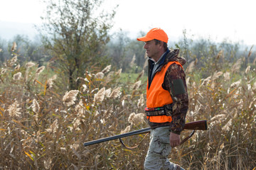 A man with a gun in his hands and an orange vest on a pheasant hunt in a wooded area in cloudy...