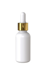 White Cosmetic, Medicinal or CBD Oil Dropper Bottle with Golden Cap. 3D Render Isolated on White Background.
