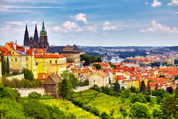 Obraz premium Prague panorama with Prague Castle, Prague river Vltava and many famous Prague sights and historic architecture