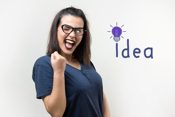 Illustration of an idea in the form of a light bulb drawn on the wall and a thinking girl over a...
