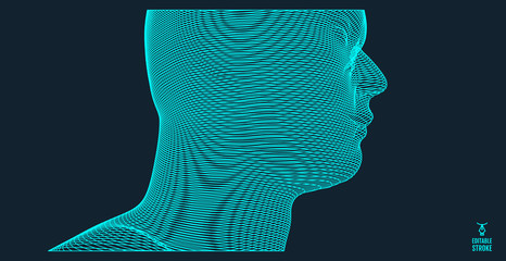 3d human face created in grid style. Artificial intelligence concept. Digital technology background. Vector illustration.