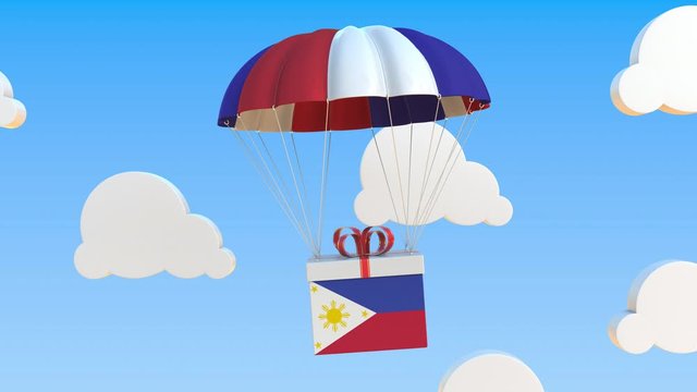 Box with national flag of the Philippines falls with a parachute. Loopable conceptual 3D animation