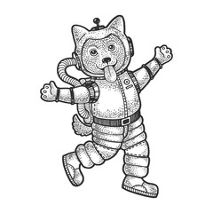 Puppy dog astronaut spaceman in space sketch engraving vector illustration. T-shirt apparel print design. Scratch board style imitation. Black and white hand drawn image.