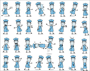Cartoon Vintage Postman Character Poses - Set of Concepts Vector illustrations