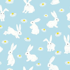 Motif de Pâques sans couture avec lapin mignon et fleurs. Illustration vectorielle de griffonnage